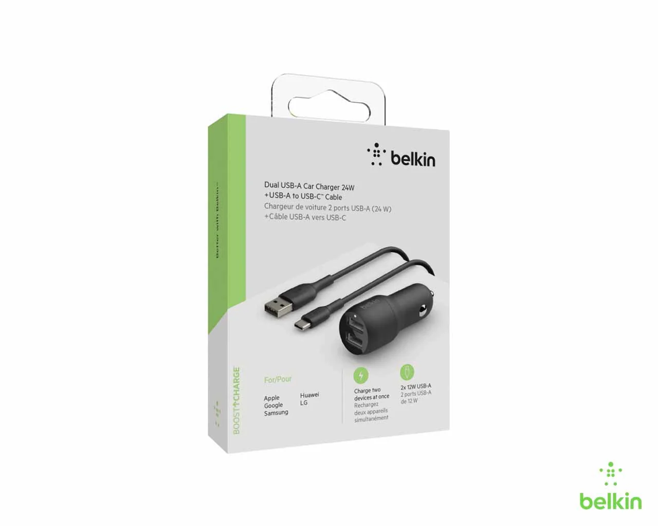 Belkin Dual USB Car Charger 24W + USB-C Cable - Black - Image 3