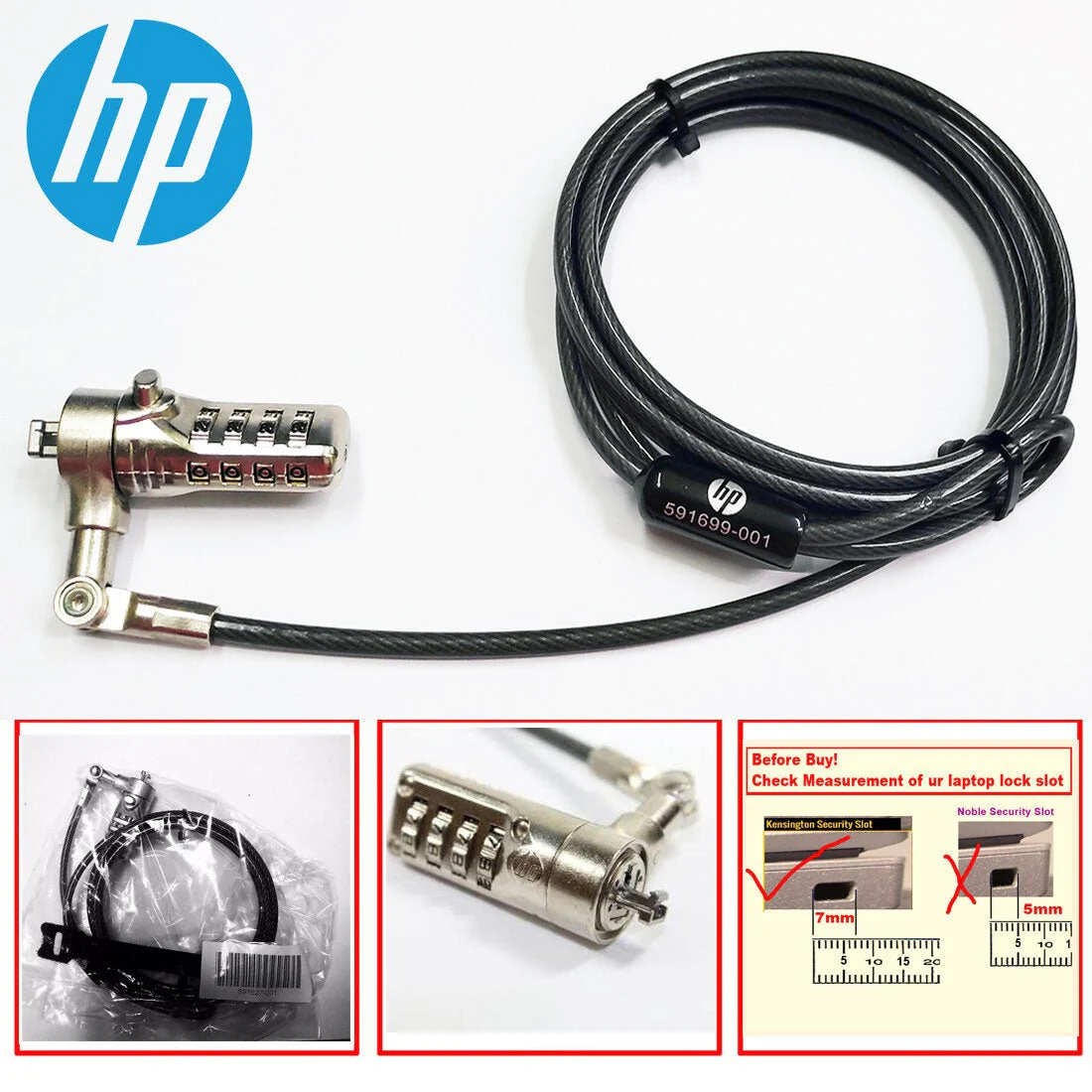 HP 591699-001 Combination Type Notebook Lock K-Slot 7 mm 1.8M - Image 2
